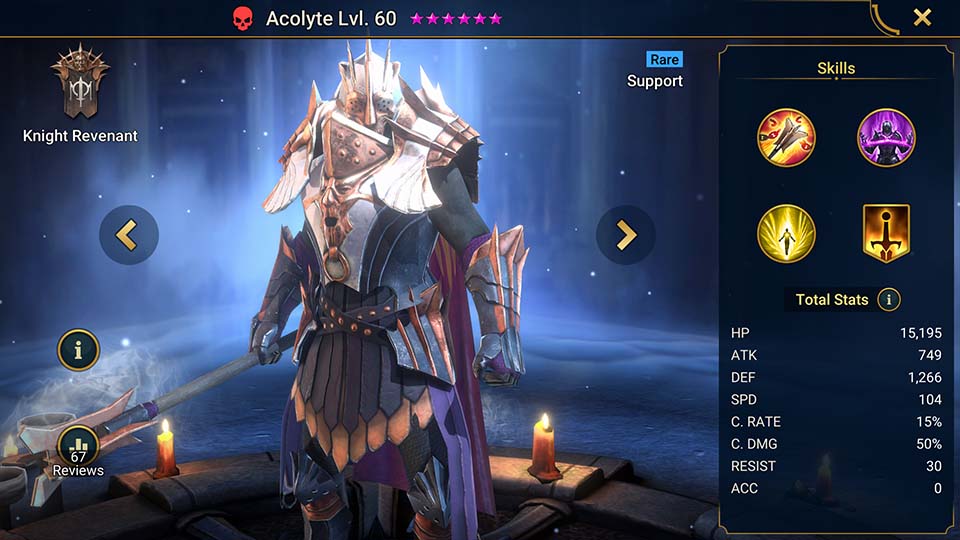 Acolyte's information on skills, equipment, and mastery build for dungeon campaign, clan boss, and arena.  