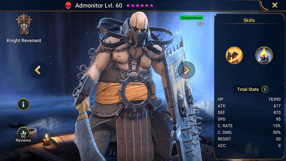 Admonitor's information on skills, equipment, and mastery build for dungeon campaign, clan boss, and arena.  