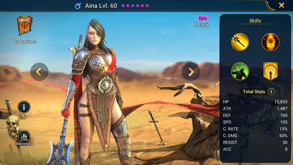 Aina's information on skills, equipment, and mastery build for dungeon campaign, clan boss, and arena.  