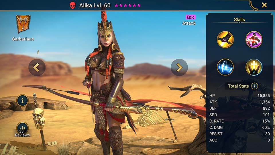 Alika's information on skills, equipment, and mastery build for dungeon campaign, clan boss, and arena.  