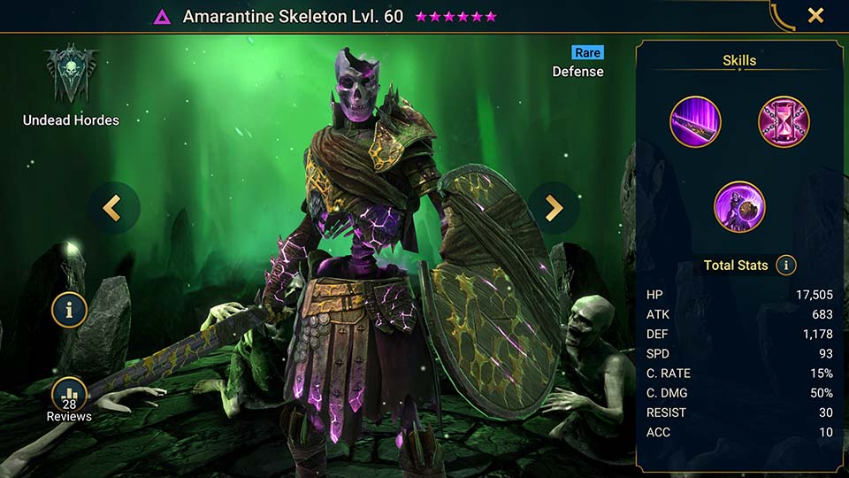 Amarantine Skeleton's information on skills, equipment, and mastery build for dungeon campaign, clan boss, and arena.  