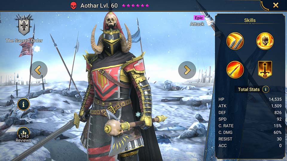 Aothar's information on skills, equipment, and mastery build for dungeon campaign, clan boss, and arena.  