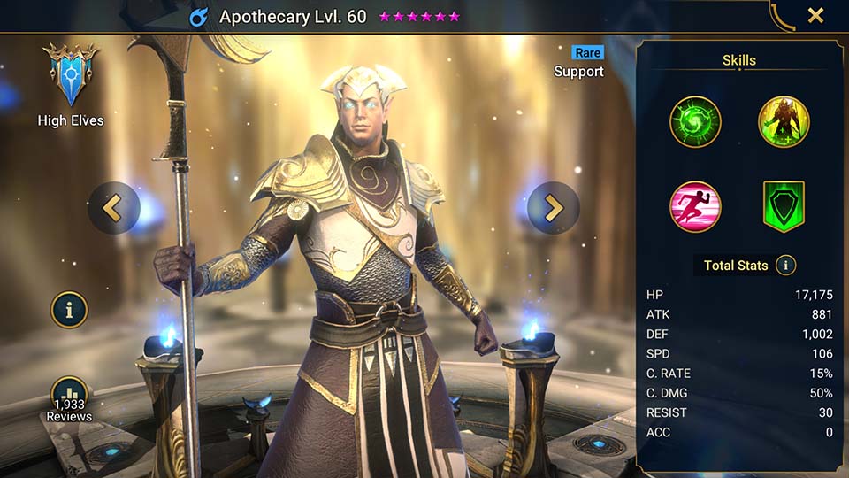 Apothecary's information on skills, equipment, and mastery build for dungeon campaign, clan boss, and arena.  