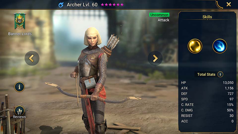 Archer's information on skills, equipment, and mastery build for dungeon campaign, clan boss, and arena.  