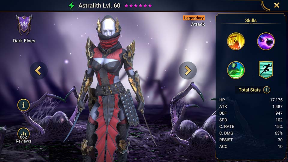 Astralith's information on skills, equipment, and mastery build for dungeon campaign, clan boss, and arena.  