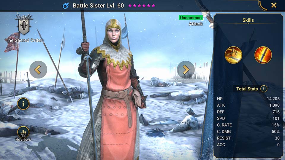 Battle Sister's information on skills, equipment, and mastery build for dungeon campaign, clan boss, and arena.  