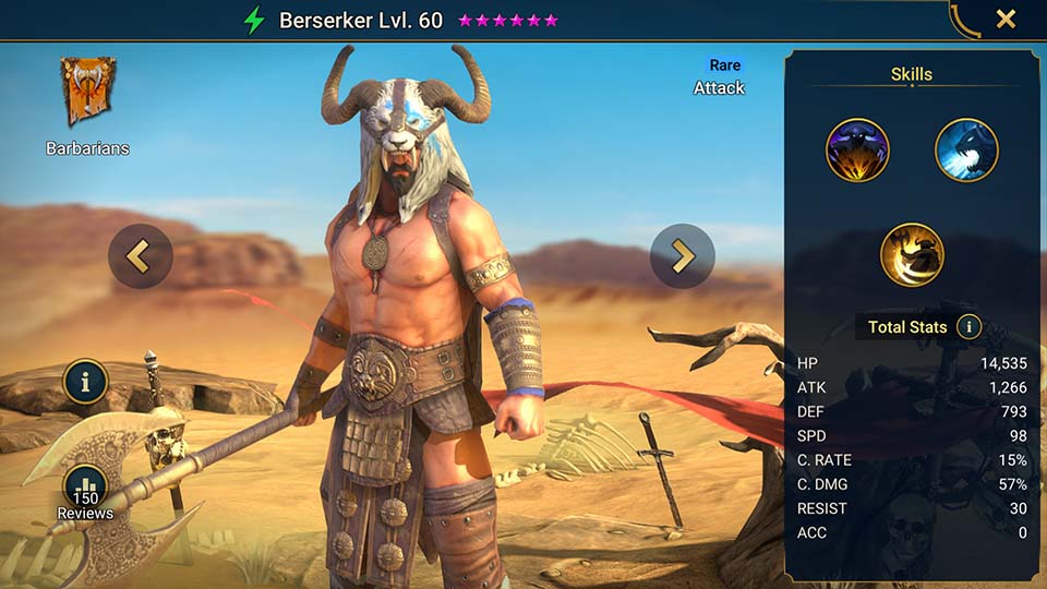 Berserker's information on skills, equipment, and mastery build for dungeon campaign, clan boss, and arena.  