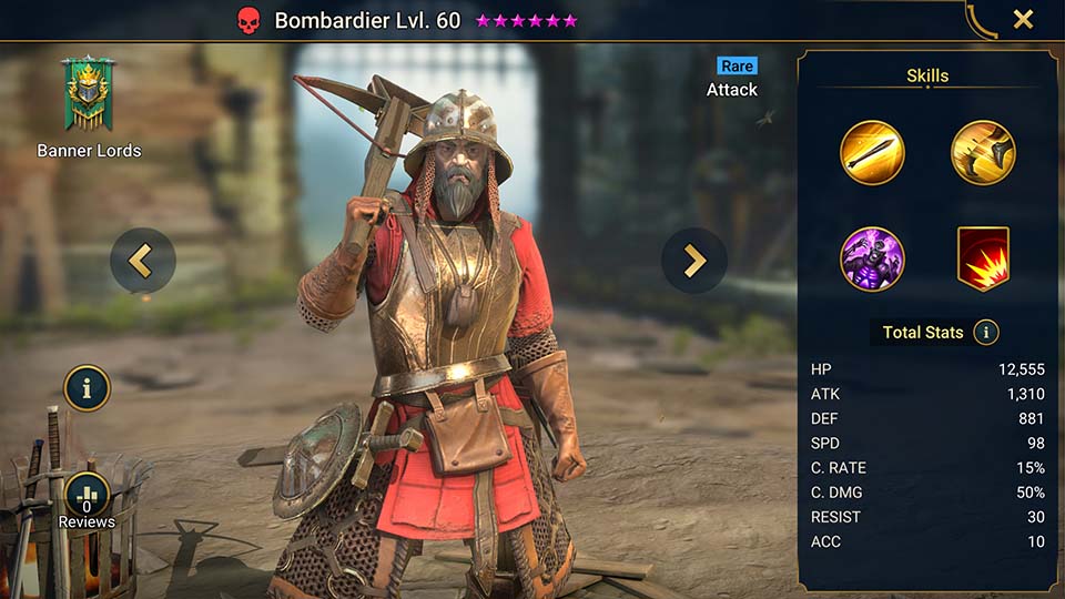 Bombardier's information on skills, equipment, and mastery build for dungeon campaign, clan boss, and arena.  