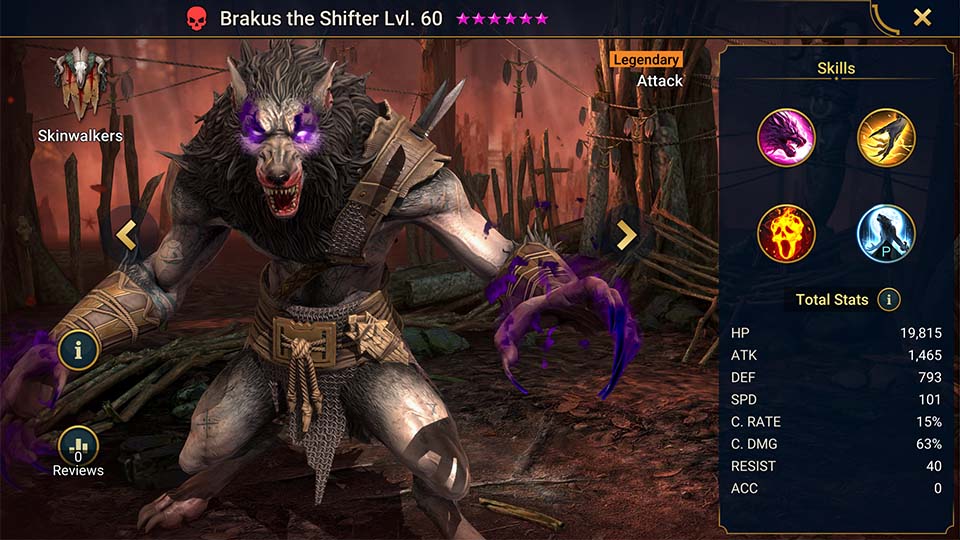 Brakus the Shifter's information on skills, equipment, and mastery build for dungeon campaign, clan boss, and arena.  
