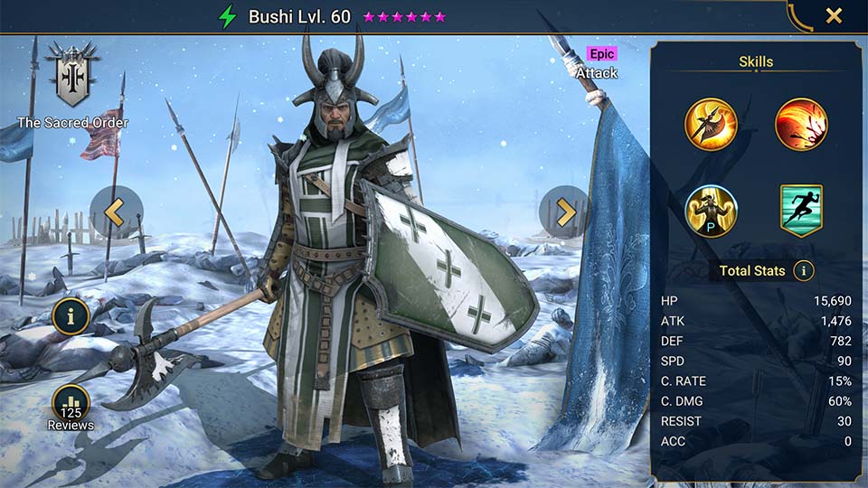 Bushi's information on skills, equipment, and mastery build for dungeon campaign, clan boss, and arena.  