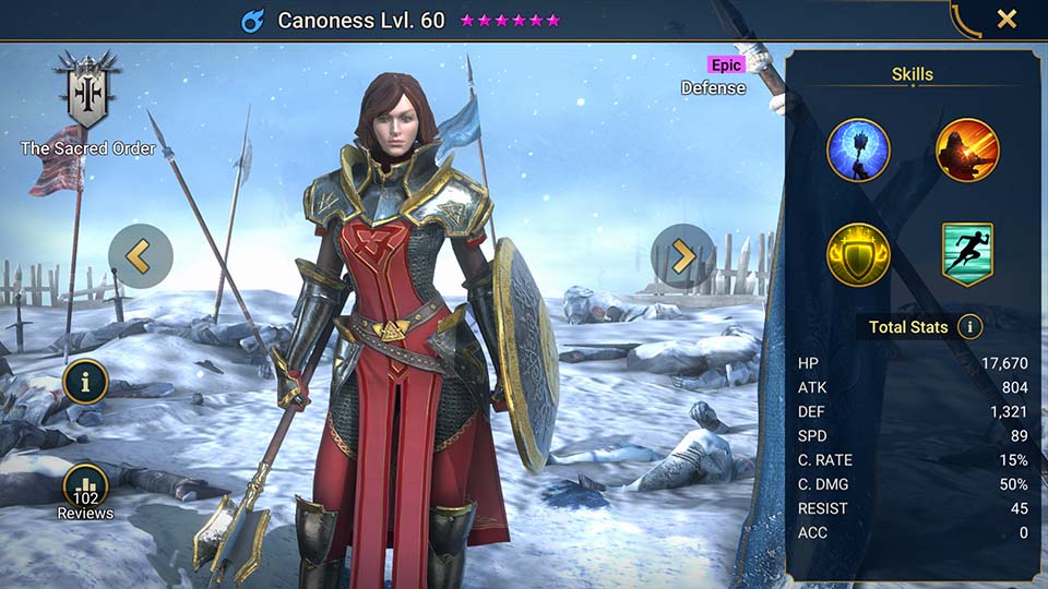 Canoness's information on skills, equipment, and mastery build for dungeon campaign, clan boss, and arena.  