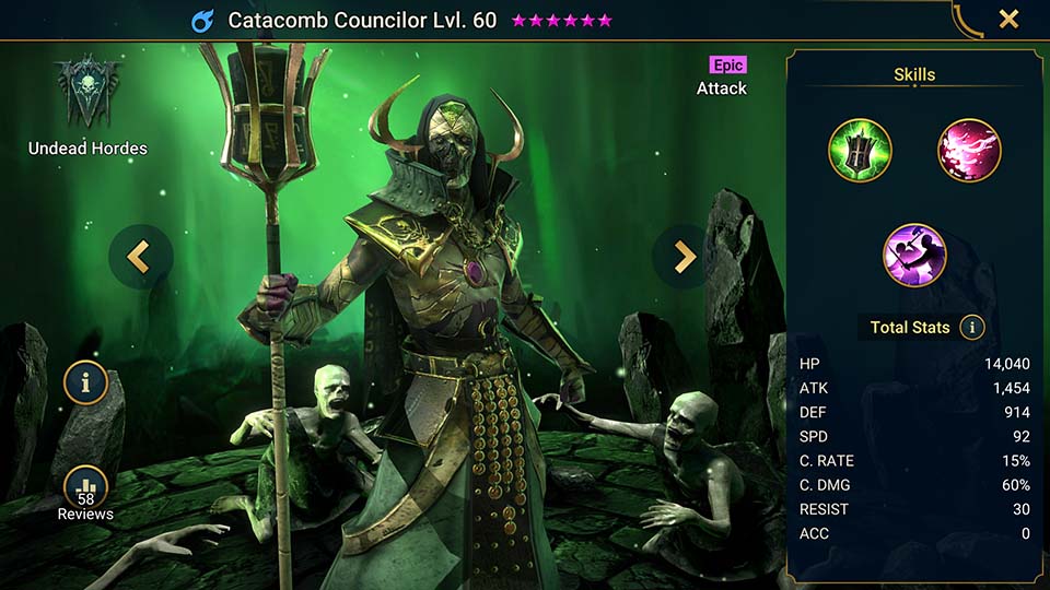 Catacomb Councilor's information on skills, equipment, and mastery build for dungeon campaign, clan boss, and arena.  