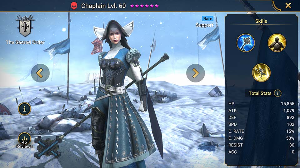 Chaplain's information on skills, equipment, and mastery build for dungeon campaign, clan boss, and arena.  