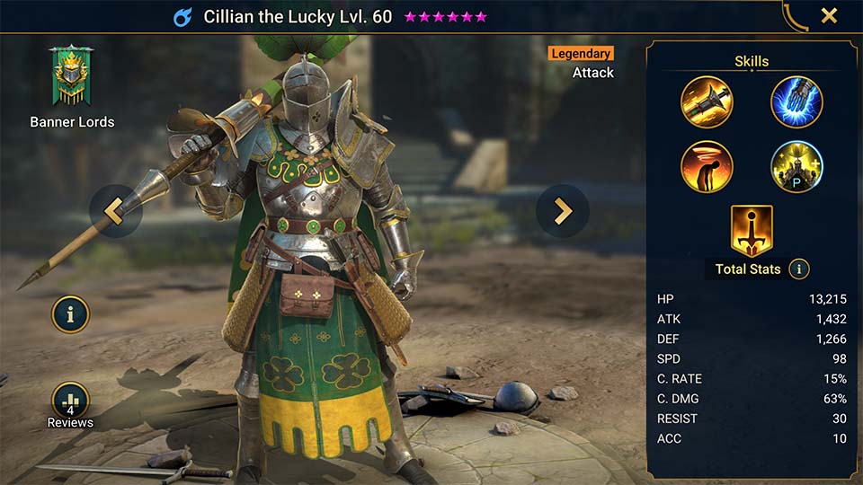 Cillian the Lucky's information on skills, equipment, and mastery build for dungeon campaign, clan boss, and arena.  