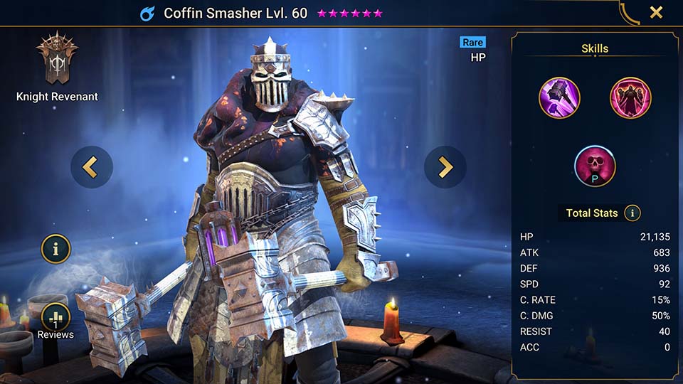 Coffin Smasher's information on skills, equipment, and mastery build for dungeon campaign, clan boss, and arena.  