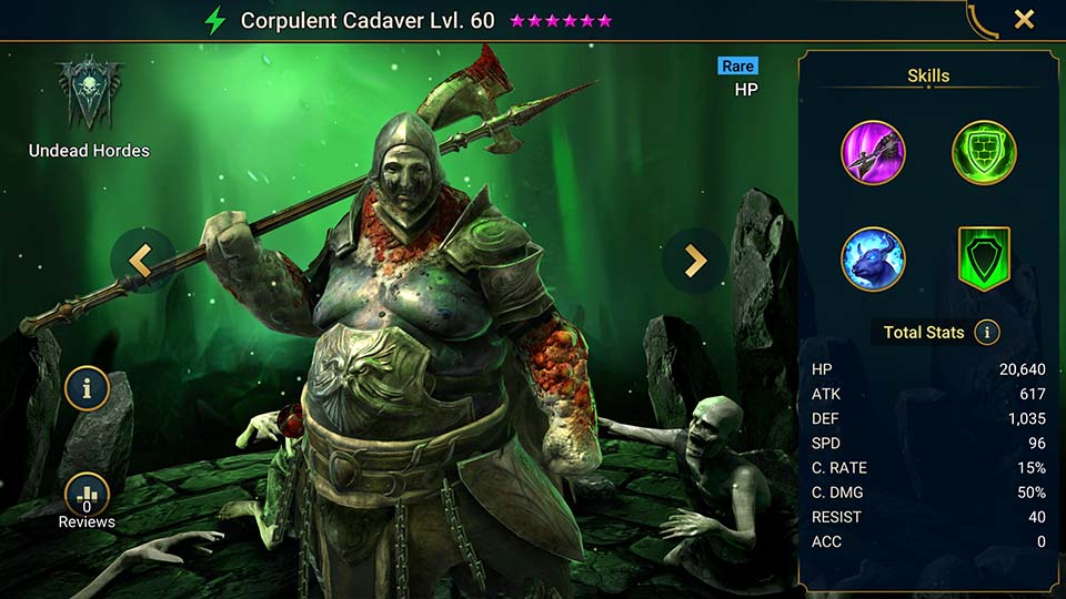 Corpulent Cadaver's information on skills, equipment, and mastery build for dungeon campaign, clan boss, and arena.  