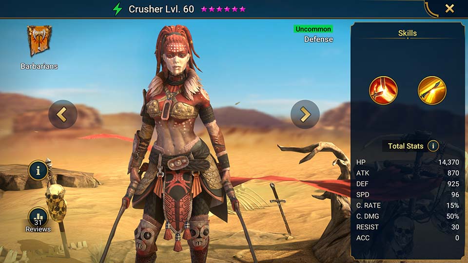 Crusher's information on skills, equipment, and mastery build for dungeon campaign, clan boss, and arena.  