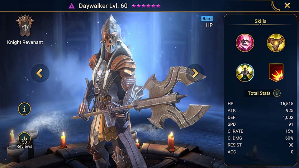 Daywalker's information on skills, equipment, and mastery build for dungeon campaign, clan boss, and arena.  