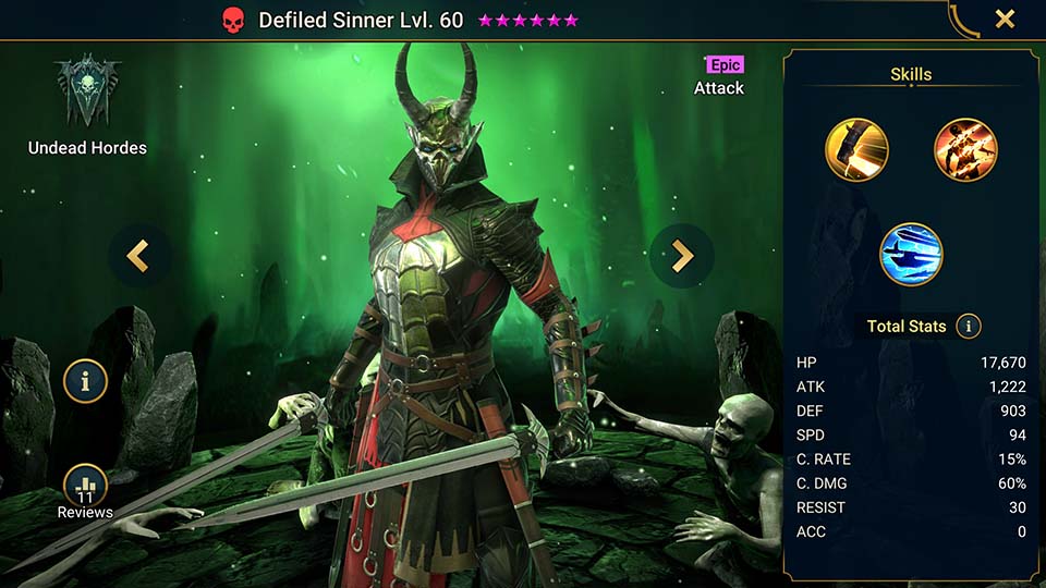 Defiled Sinner's information on skills, equipment, and mastery build for dungeon campaign, clan boss, and arena.  