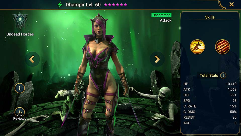 Dhampir's information on skills, equipment, and mastery build for dungeon campaign, clan boss, and arena.  