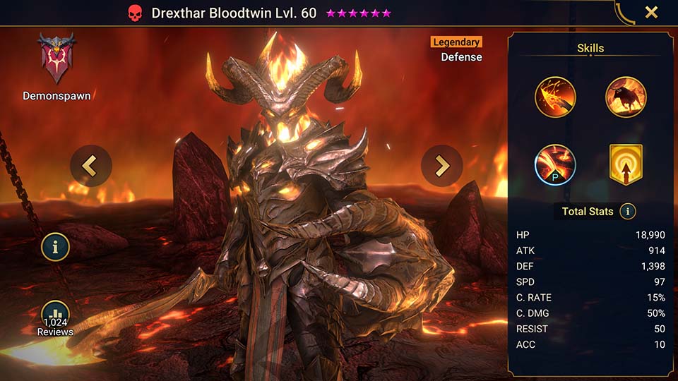 Drexthar Bloodtwin's information on skills, equipment, and mastery build for dungeon campaign, clan boss, and arena.  