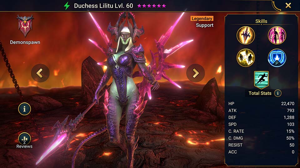 Duchess Lilitu's information on skills, equipment, and mastery build for dungeon campaign, clan boss, and arena.  