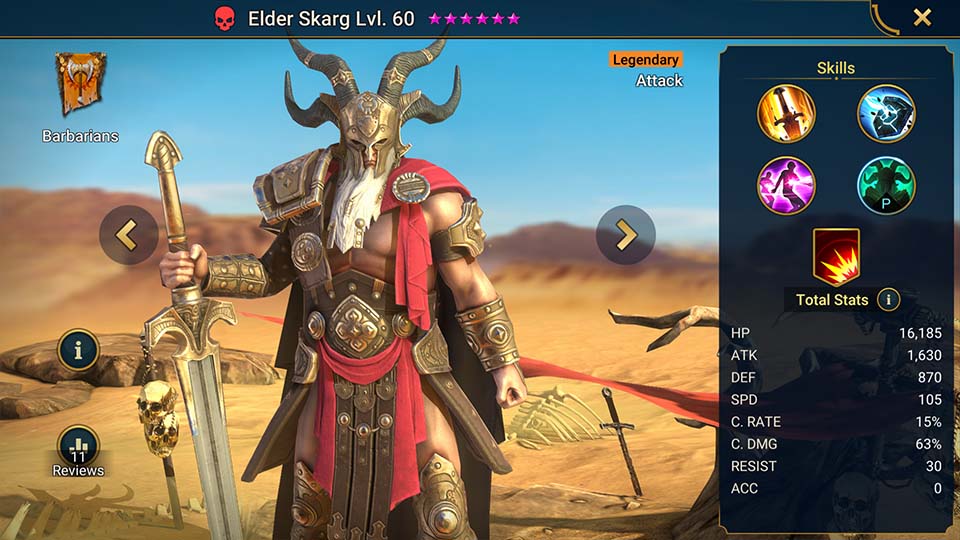 Elder Skarg's information on skills, equipment, and mastery build for dungeon campaign, clan boss, and arena.  