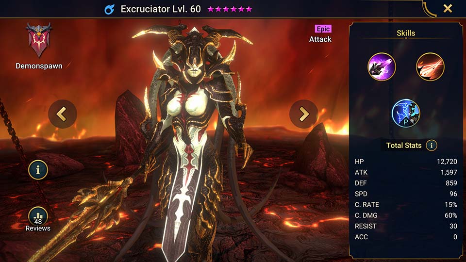 Excruciator's information on skills, equipment, and mastery build for dungeon campaign, clan boss, and arena.  