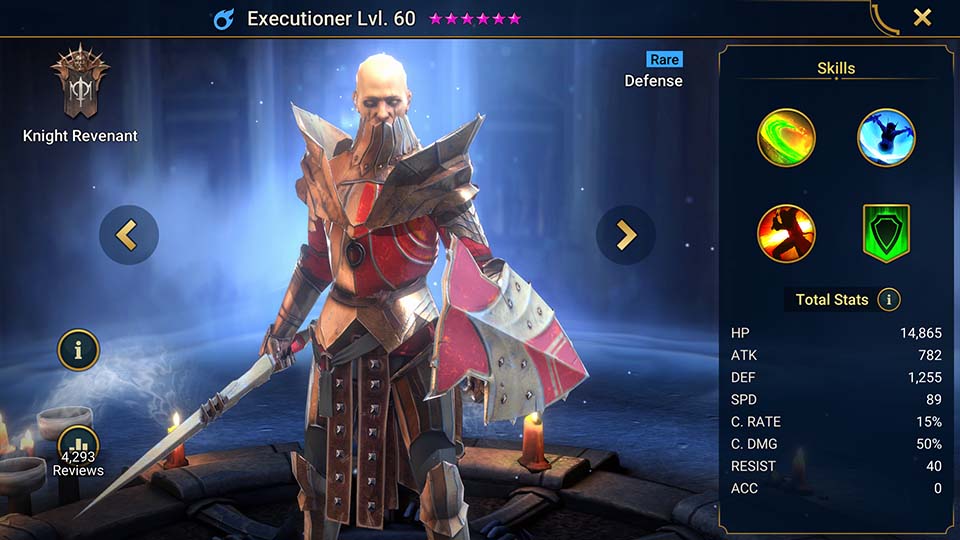 Executioner's information on skills, equipment, and mastery build for dungeon campaign, clan boss, and arena.  