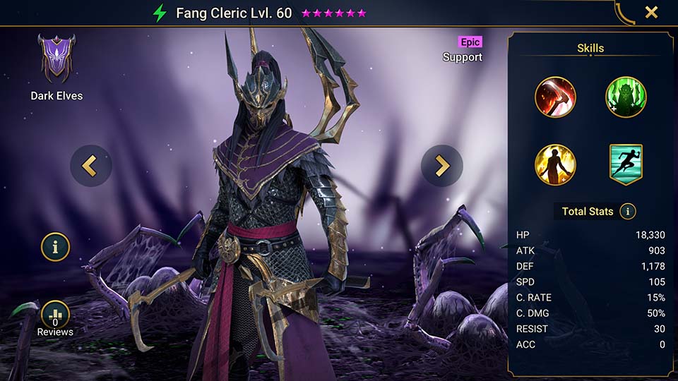Fang Cleric's information on skills, equipment, and mastery build for dungeon campaign, clan boss, and arena.  