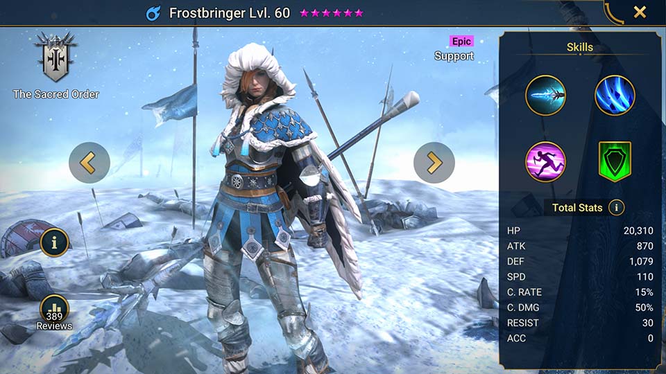 Frostbringer's information on skills, equipment, and mastery build for dungeon campaign, clan boss, and arena.  