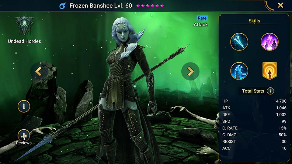 Frozen Banshee's information on skills, equipment, and mastery build for dungeon campaign, clan boss, and arena.  