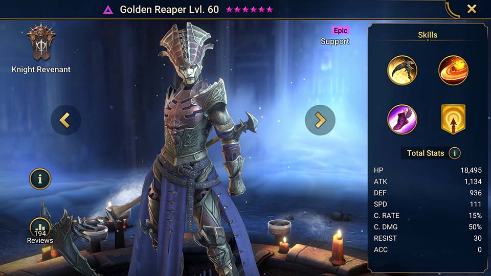 Golden Reaper's information on skills, equipment, and mastery build for dungeon campaign, clan boss, and arena.  