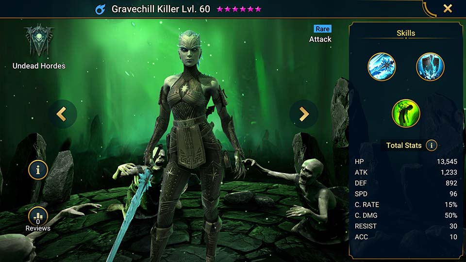 Gravechill Killer's information on skills, equipment, and mastery build for dungeon campaign, clan boss, and arena.  