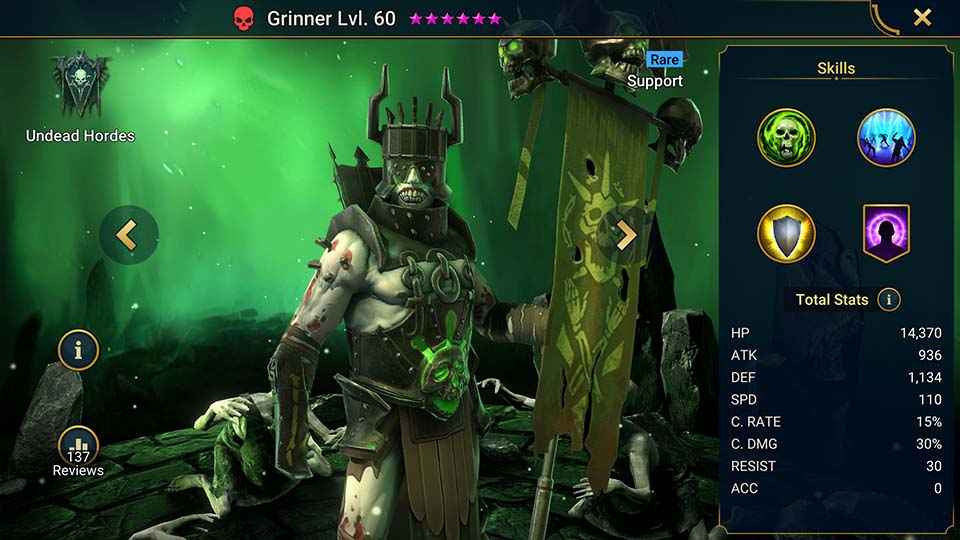 Grinner's information on skills, equipment, and mastery build for dungeon campaign, clan boss, and arena.  