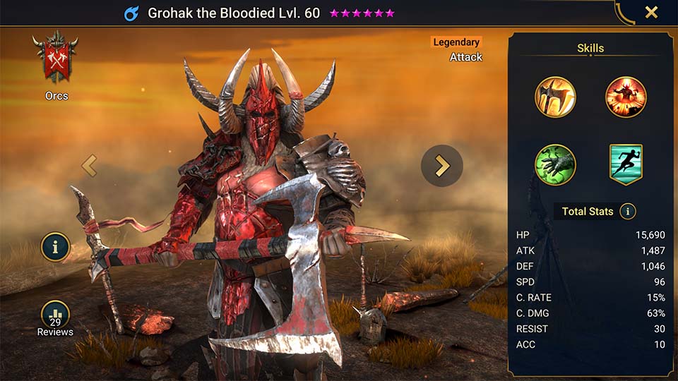 Grohak the Bloodied's information on skills, equipment, and mastery build for dungeon campaign, clan boss, and arena.  