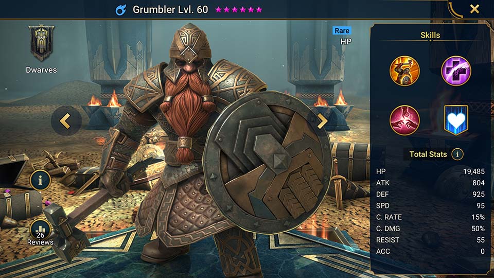 Grumbler's information on skills, equipment, and mastery build for dungeon campaign, clan boss, and arena.  