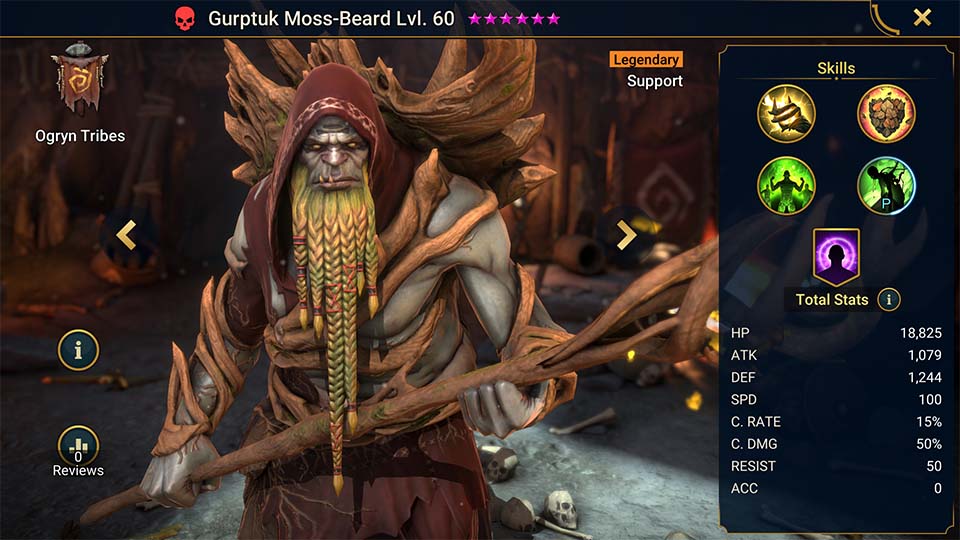 Gurptuk Moss-Beard's information on skills, equipment, and mastery build for dungeon campaign, clan boss, and arena.  