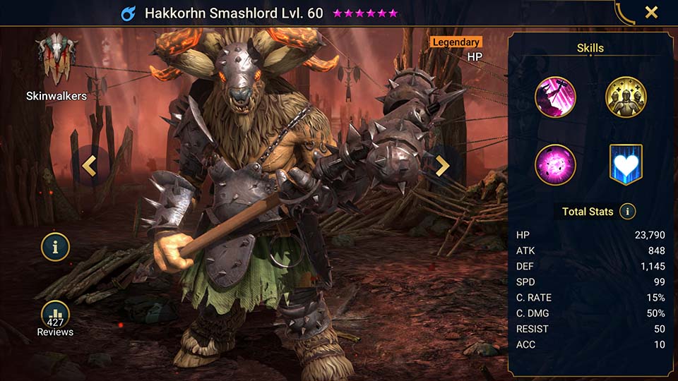 Hakkorhn Smashlord's information on skills, equipment, and mastery build for dungeon campaign, clan boss, and arena.  
