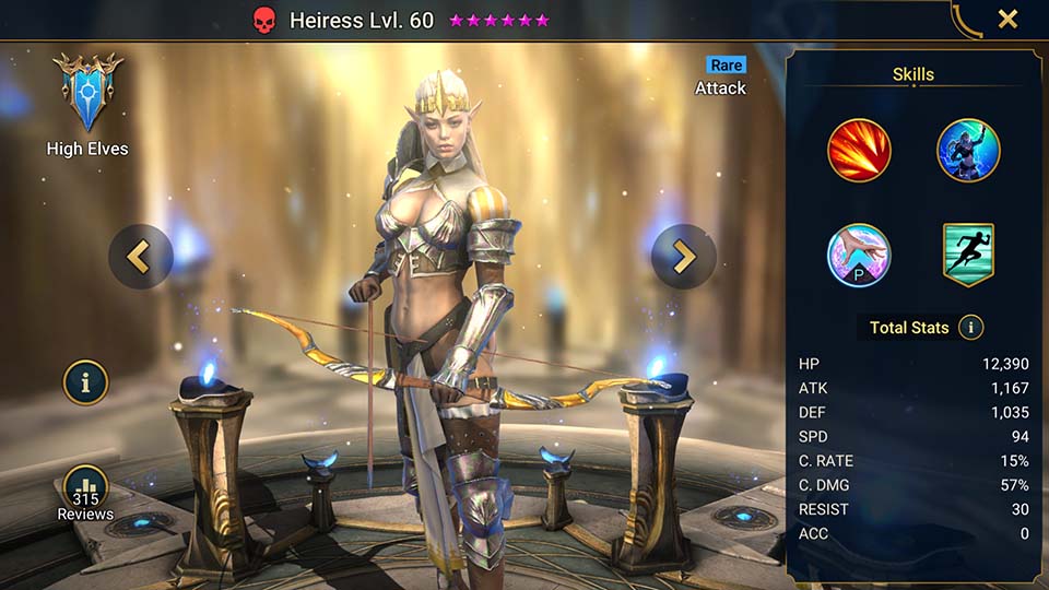 Heiress's information on skills, equipment, and mastery build for dungeon campaign, clan boss, and arena.  