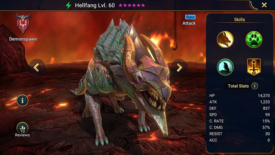 Hellfang's information on skills, equipment, and mastery build for dungeon campaign, clan boss, and arena.  