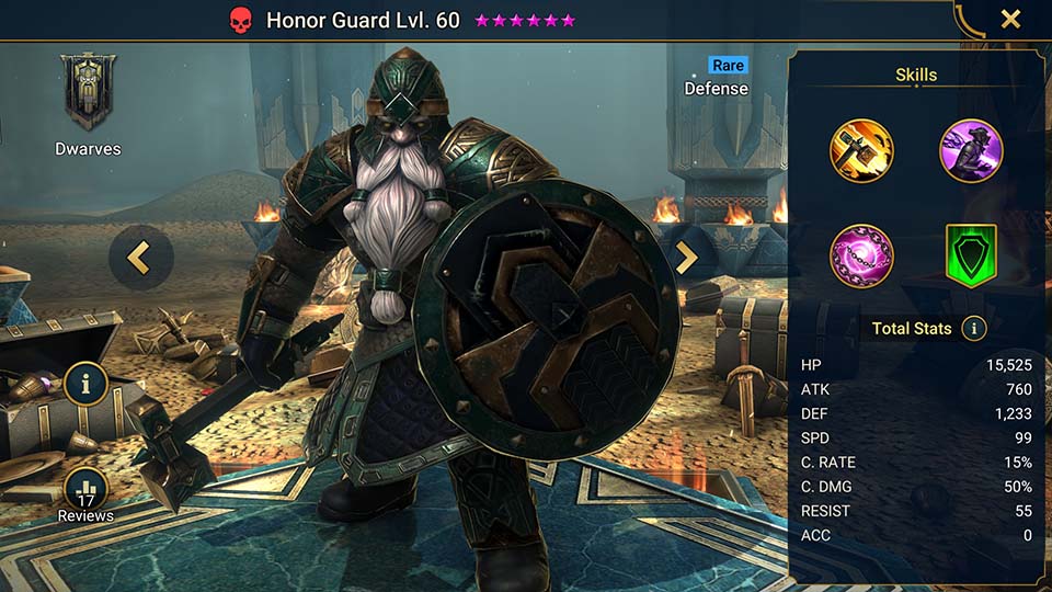 Honor Guard's information on skills, equipment, and mastery build for dungeon campaign, clan boss, and arena.  