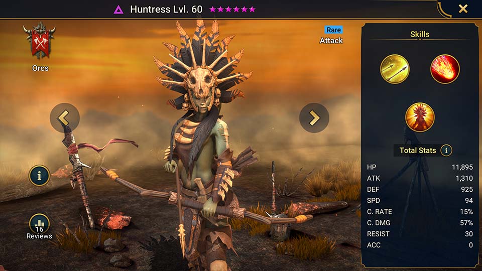 Huntress's information on skills, equipment, and mastery build for dungeon campaign, clan boss, and arena.  
