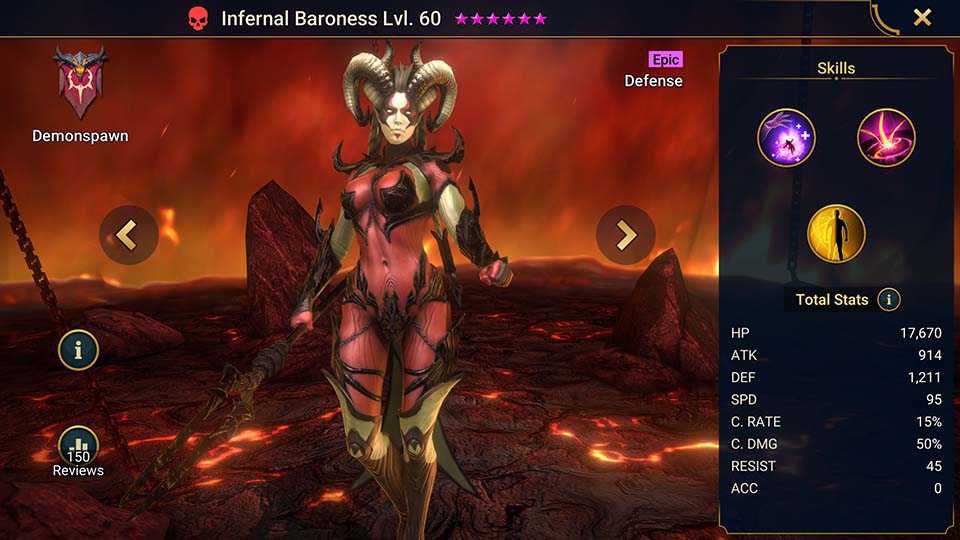 Infernal Baroness's information on skills, equipment, and mastery build for dungeon campaign, clan boss, and arena.  