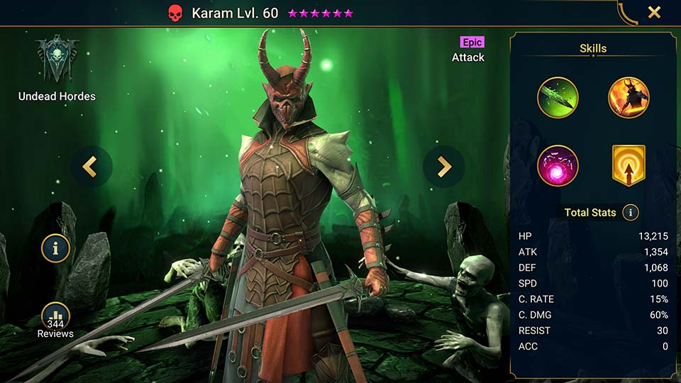 Karam's information on skills, equipment, and mastery build for dungeon campaign, clan boss, and arena.  