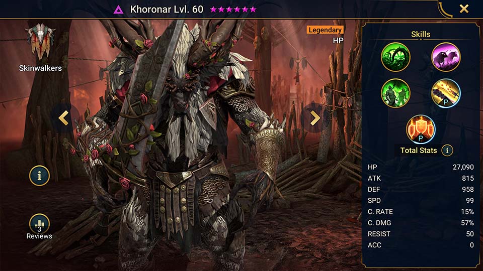Khoronar's information on skills, equipment, and mastery build for dungeon campaign, clan boss, and arena.  