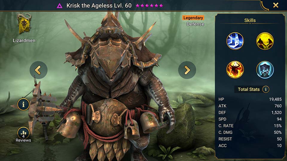 Krisk the Ageless's information on skills, equipment, and mastery build for dungeon campaign, clan boss, and arena.  