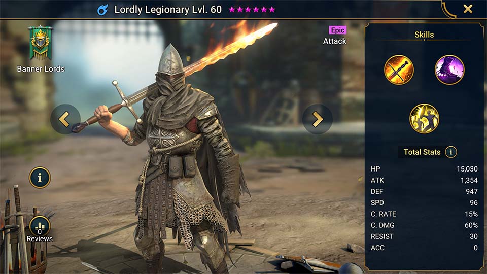 Lordly Legionary's information on skills, equipment, and mastery build for dungeon campaign, clan boss, and arena.  