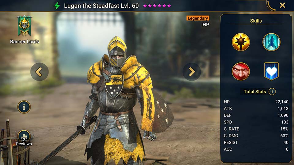 Lugan the Steadfast's information on skills, equipment, and mastery build for dungeon campaign, clan boss, and arena.  