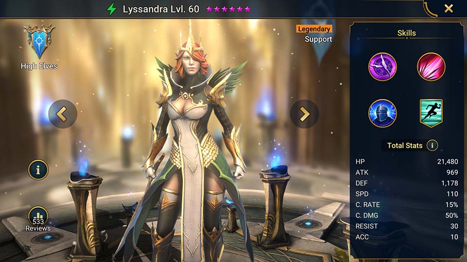 Lyssandra's information on skills, equipment, and mastery build for dungeon campaign, clan boss, and arena.  